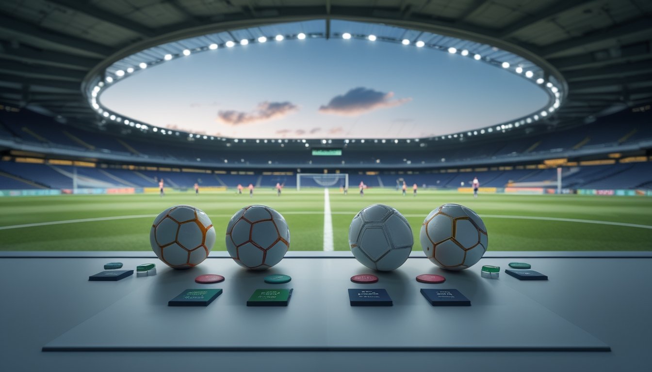 Pertandingan sepak bola berlangsung di stadion, dengan benda-benda yang melambangkan jumlah gol dan hasil pertandingan di meja analis.