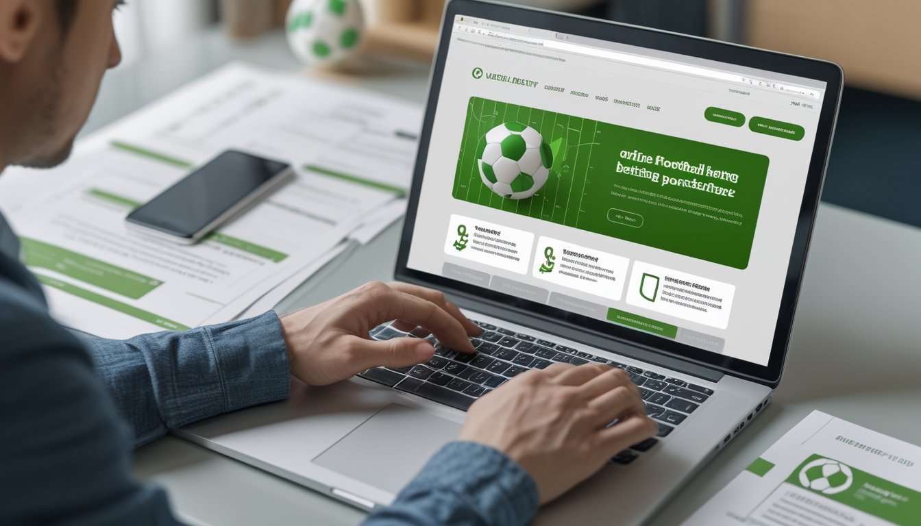 Seseorang memeriksa platform sepak bola daring di laptop sambil meninjau dokumen dan ponsel.