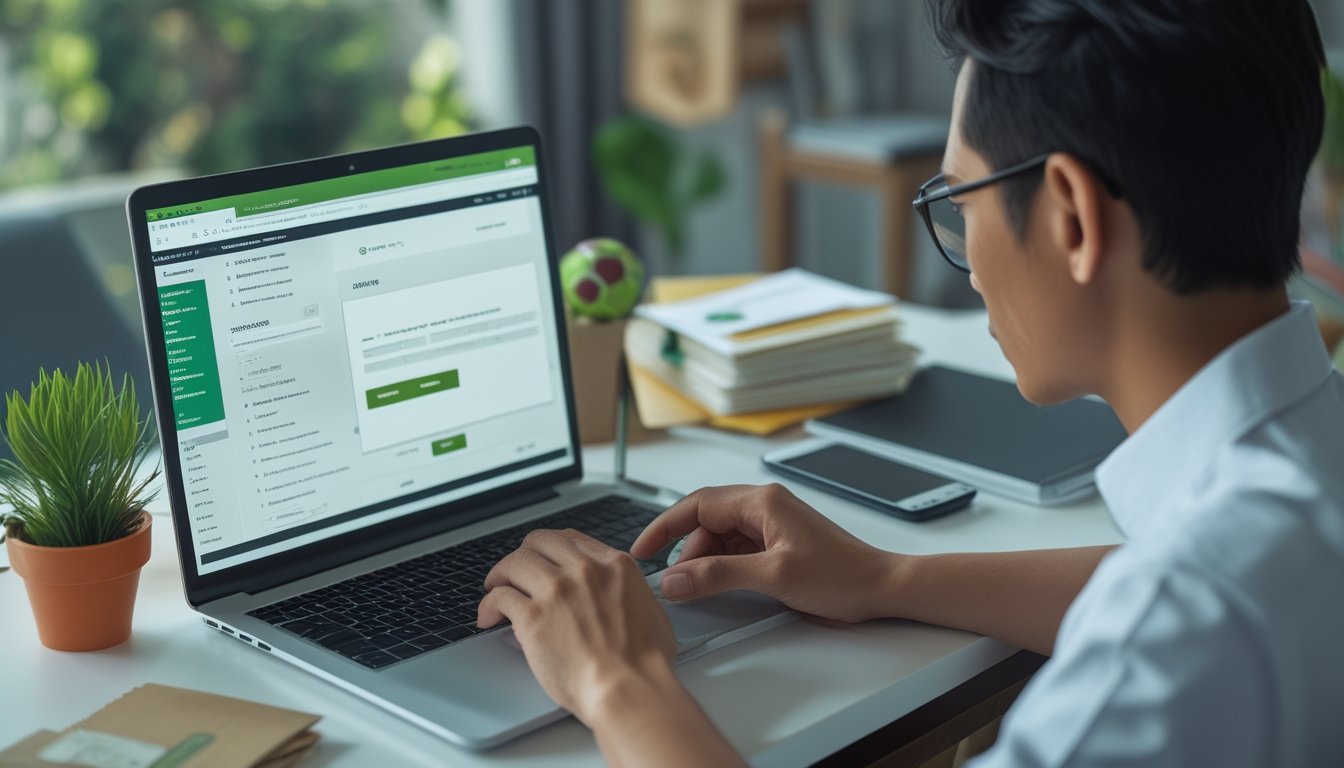 Seorang dewasa memeriksa platform olahraga di laptop dengan dokumen dan bola di meja.