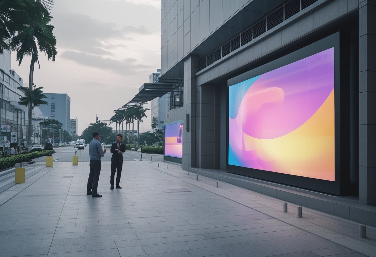 Seorang profesional meninjau lokasi videotron outdoor di area publik.