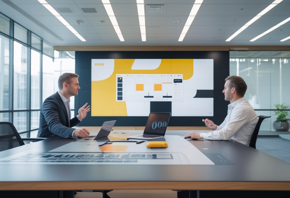 Seorang perencana dan teknisi merancang videotron indoor menggunakan laptop.