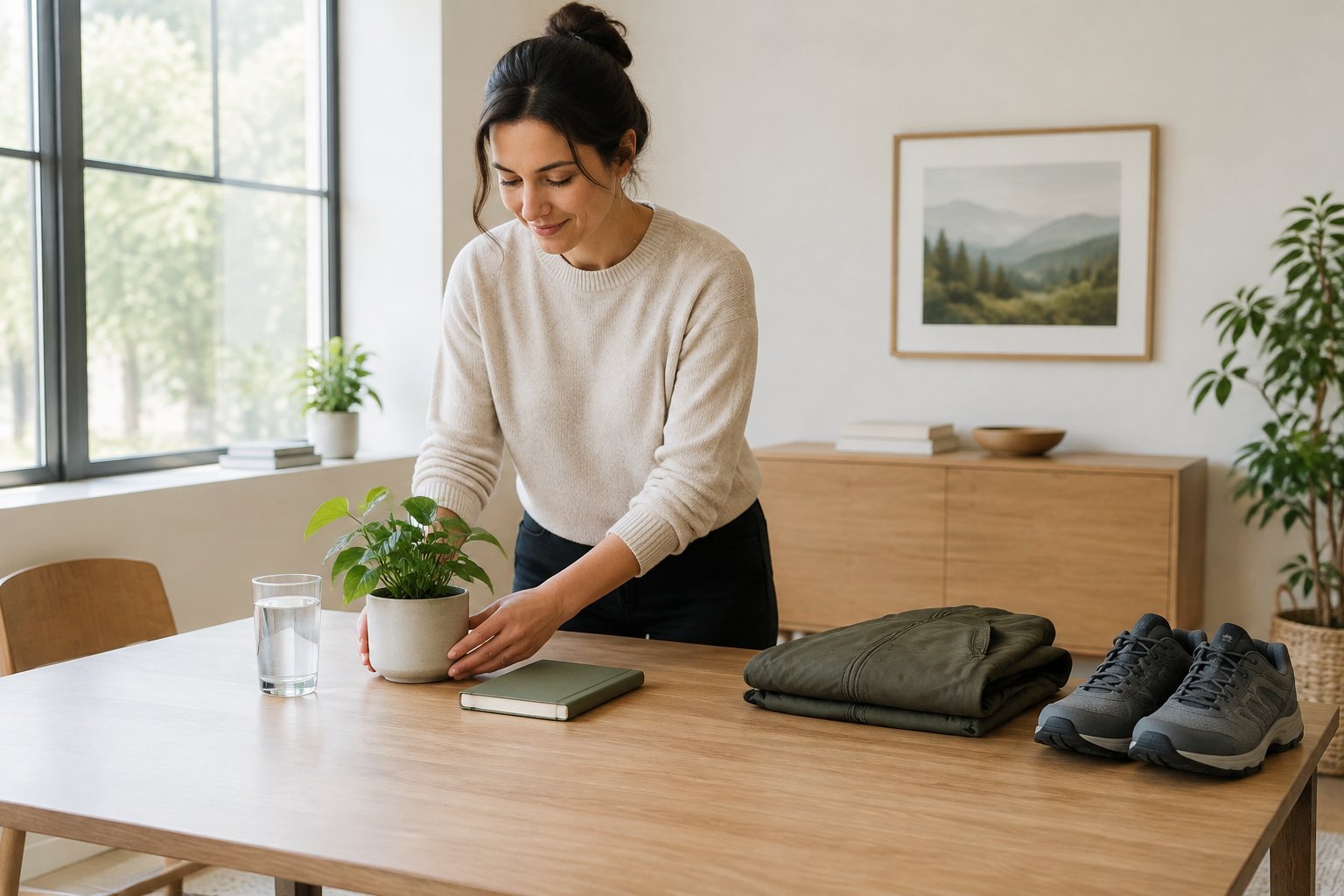 A person arranges a few everyday items on a tidy desk in a bright home.