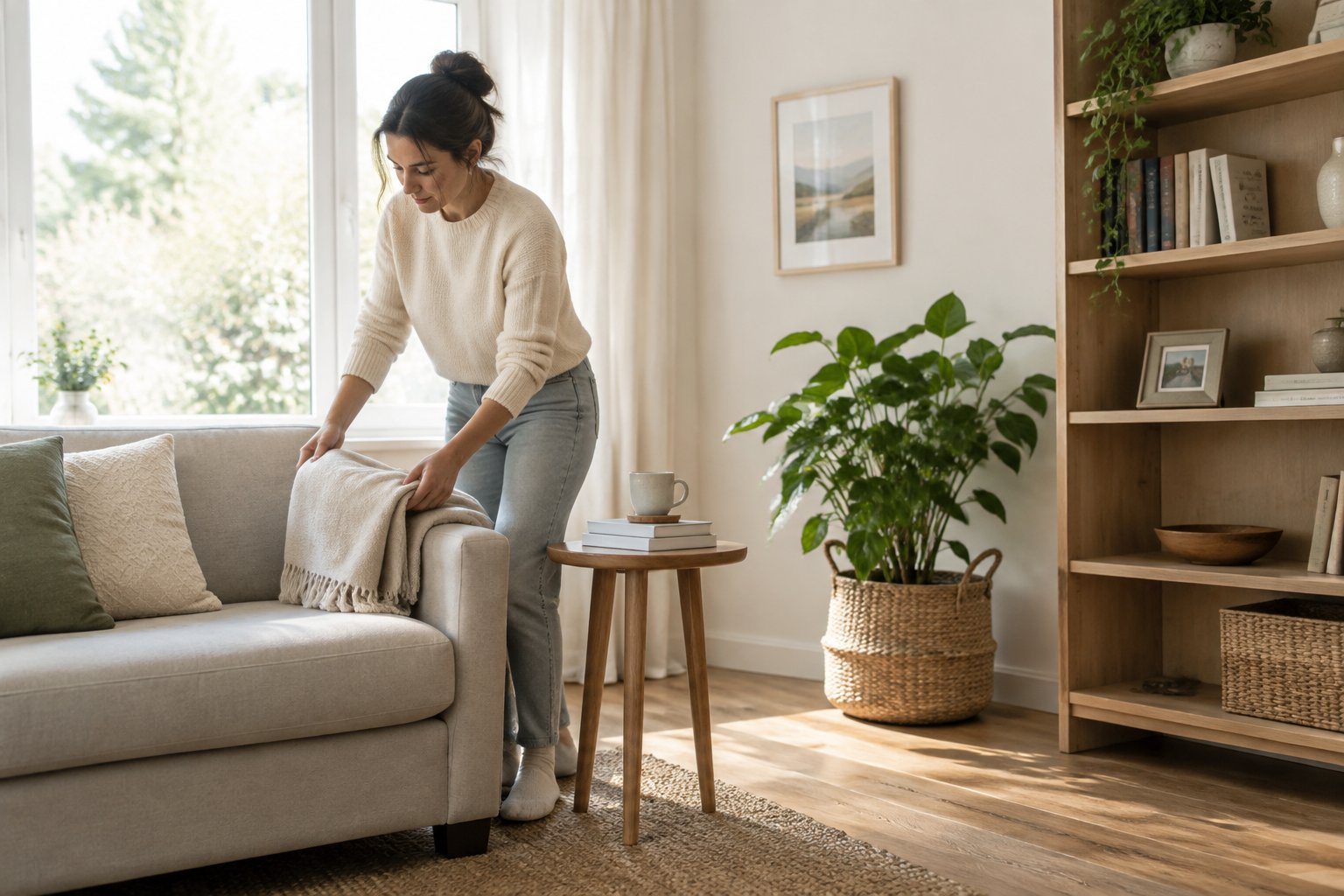 A person tidies a bright, uncluttered living room.