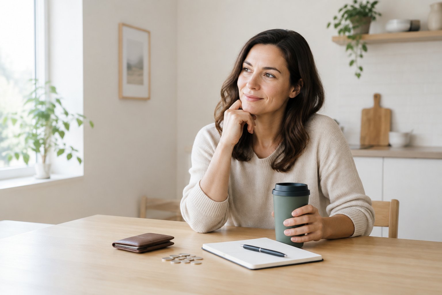 An adult reviews a wallet and notebook at a tidy kitchen table.