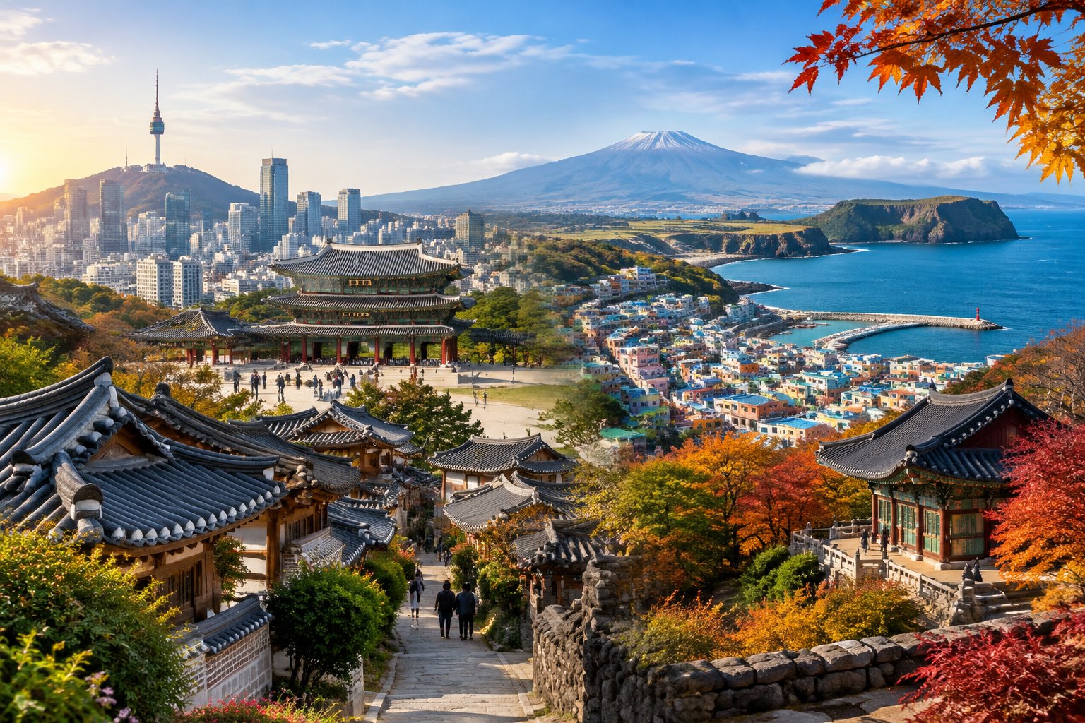 A panoramic view of South Korea's cities, historic sites, coastline, and volcanic landscape.
