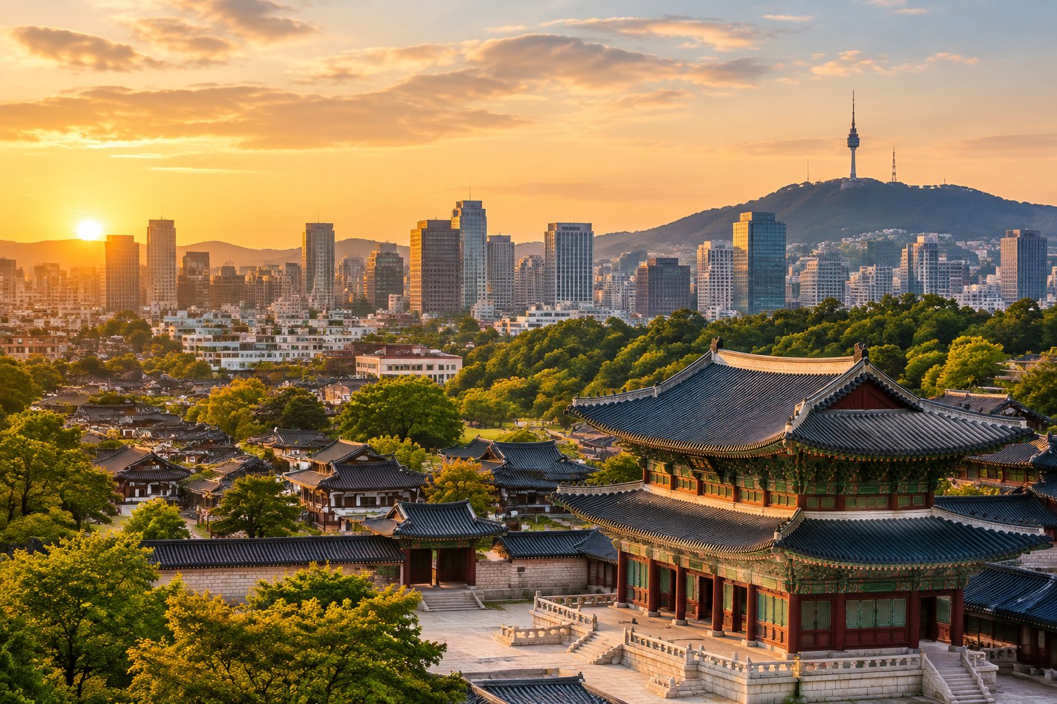A traditional palace and neighborhood rooftops sit beneath Seoul's modern skyline.
