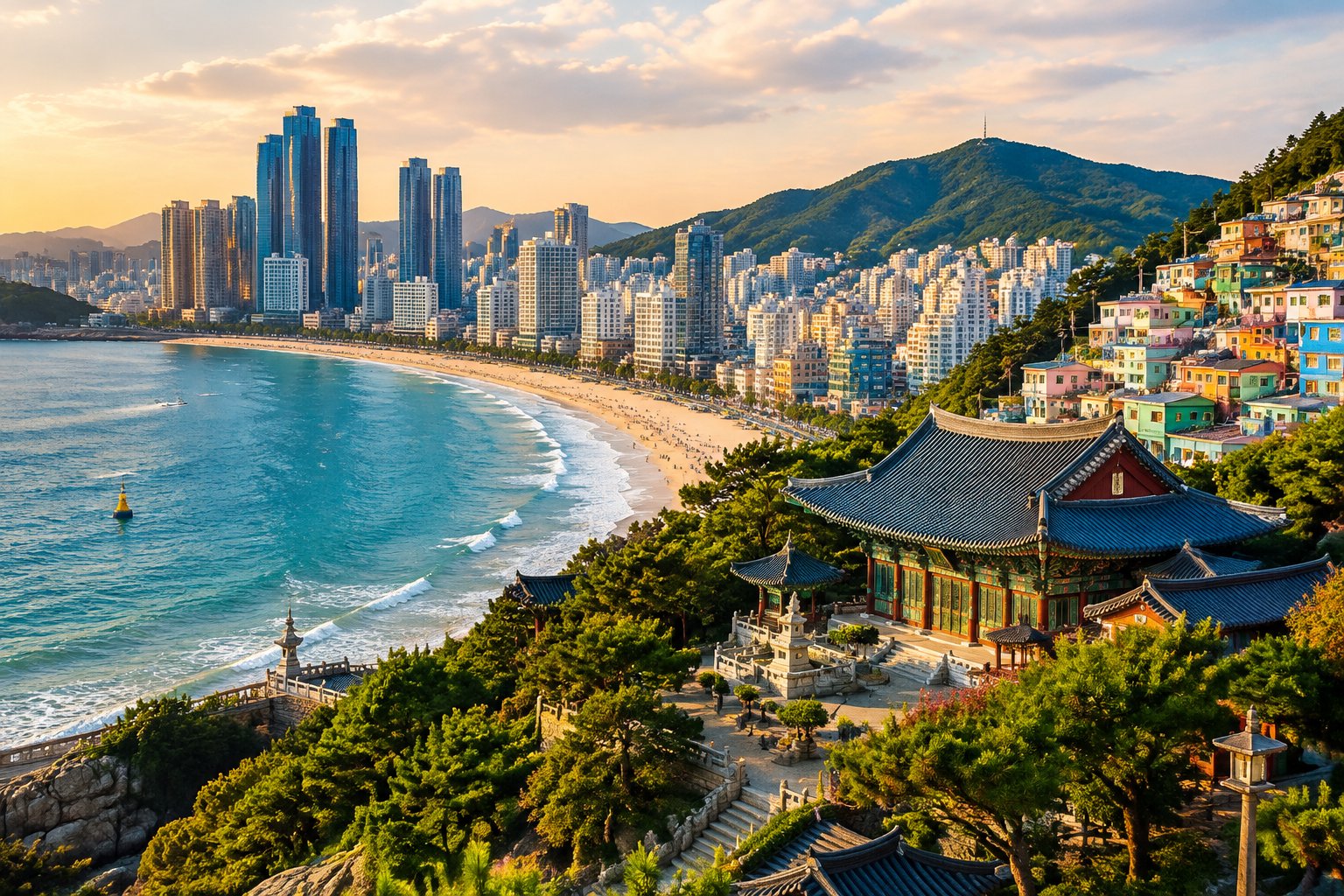 A sandy Busan beach below a hillside temple and colorful neighborhood.