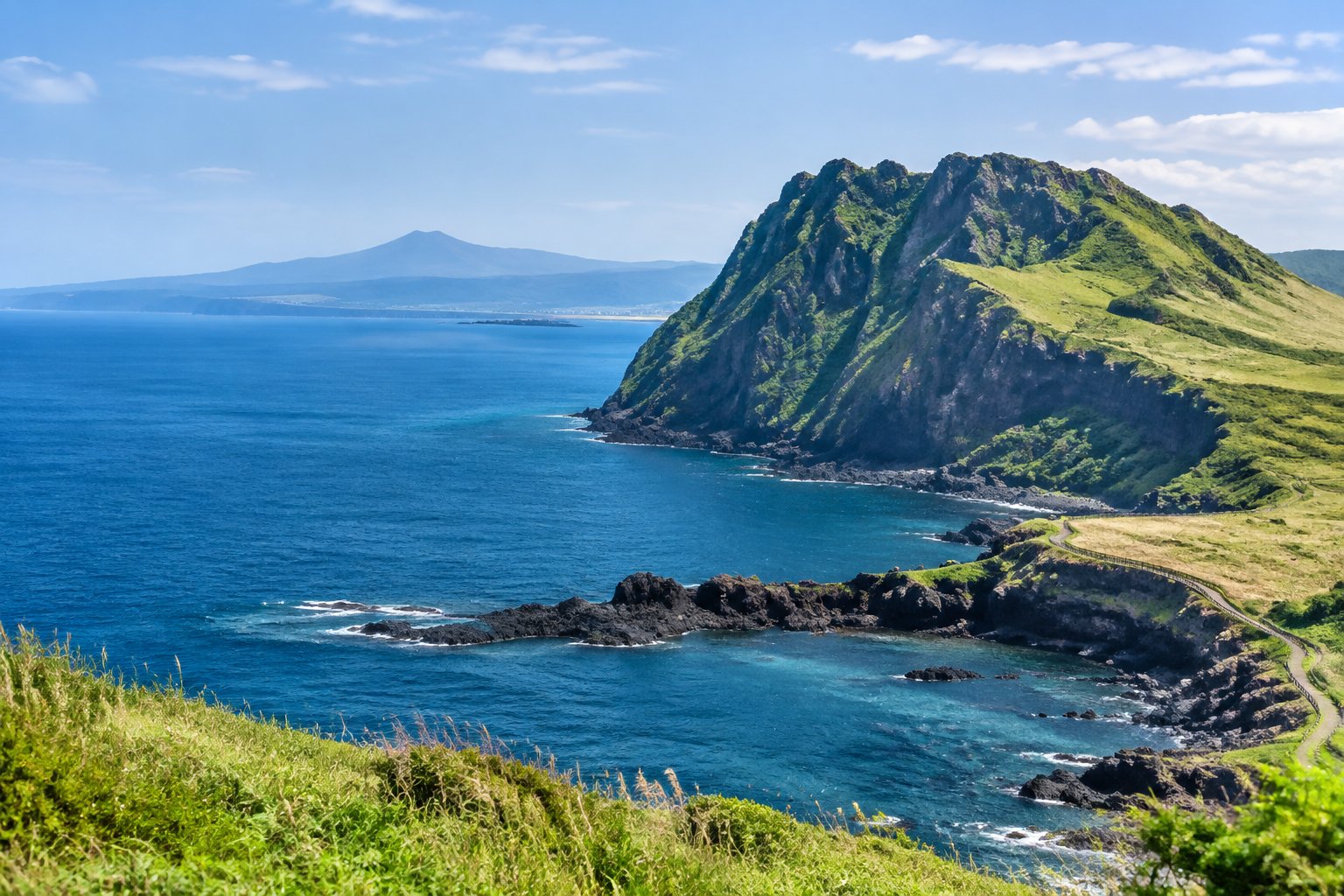 A volcanic peak rises above Jeju Island's rocky coastline and blue ocean.