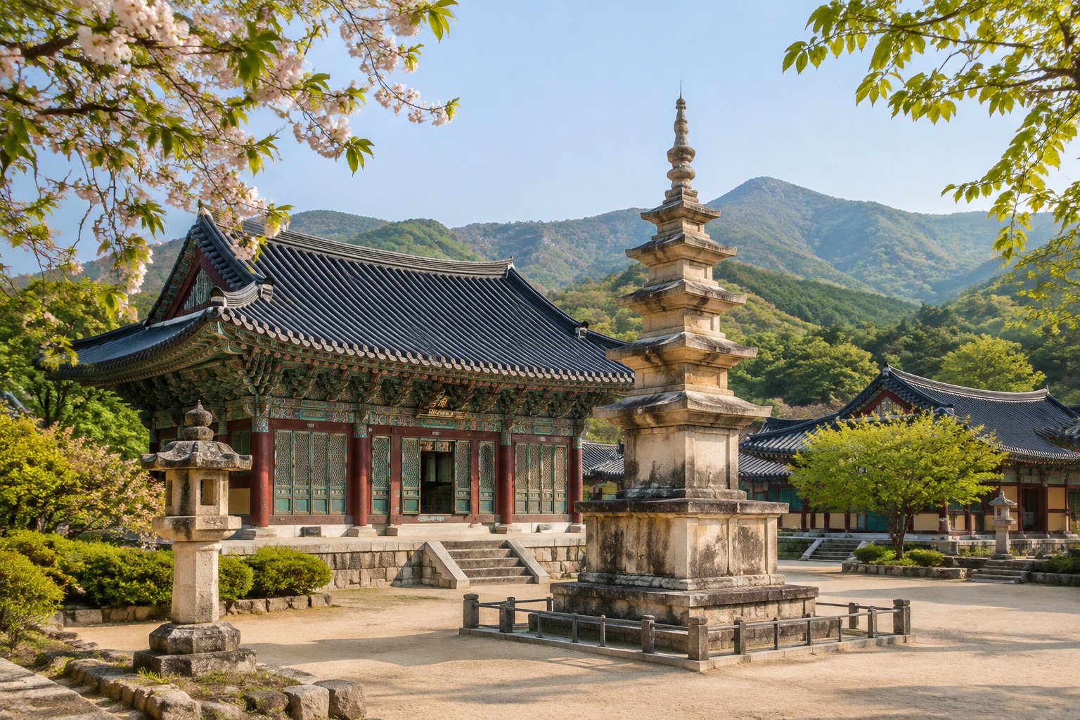 A traditional Korean temple and stone pagoda stand among green hills in Gyeongju.