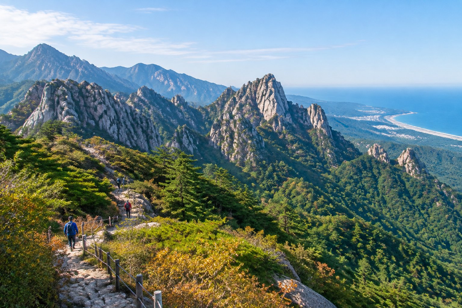 Hikers follow a trail through forested mountains, with the East Coast visible in the distance.