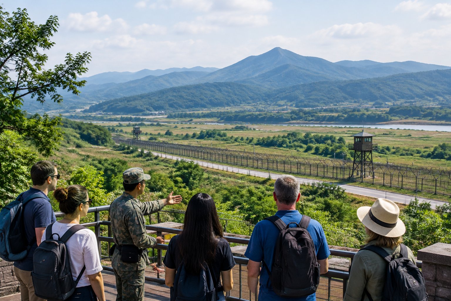 Visitors and a guide look across the guarded Korean DMZ landscape toward distant hills.