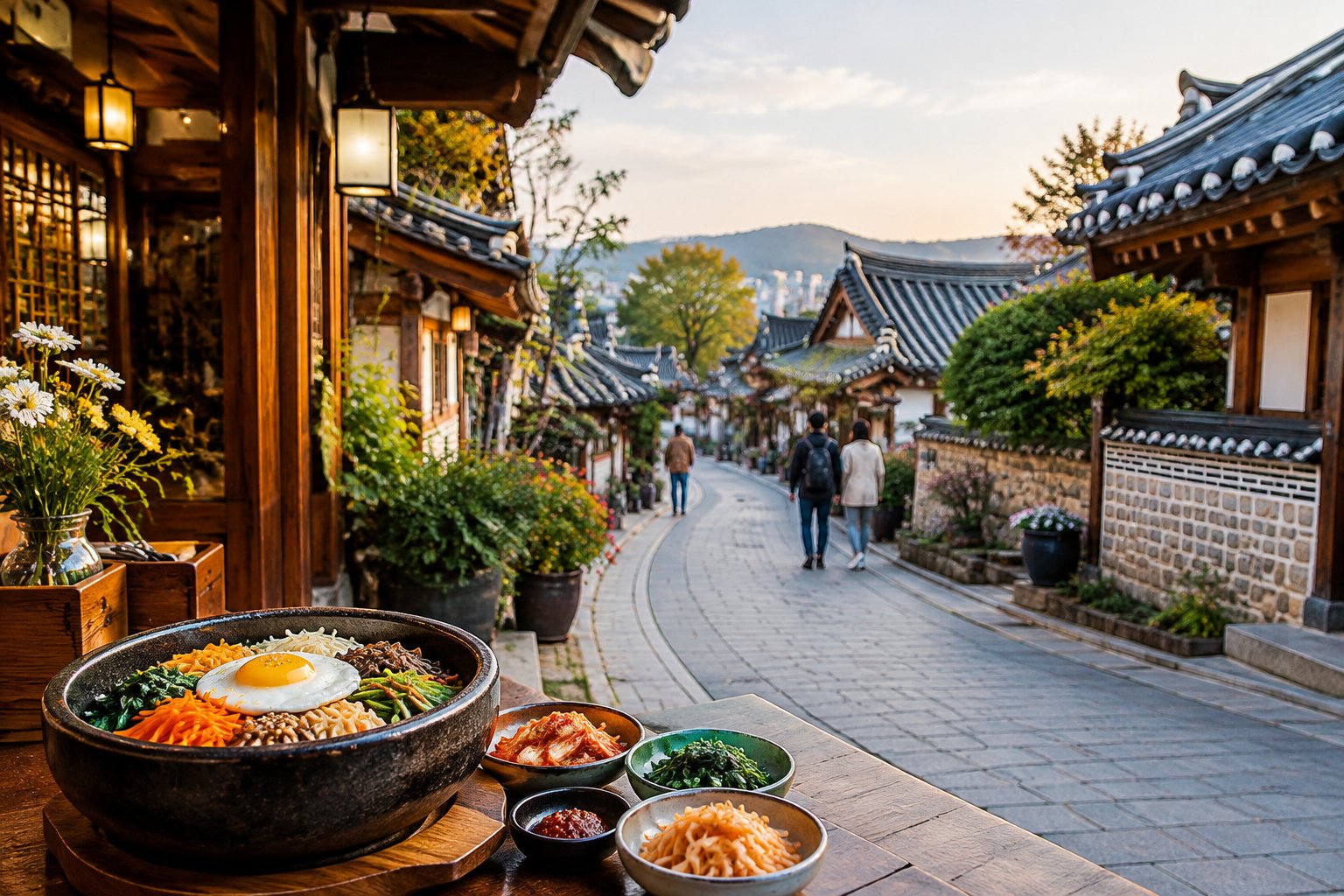 A bowl of bibimbap sits beside a traditional hanok street in Jeonju.