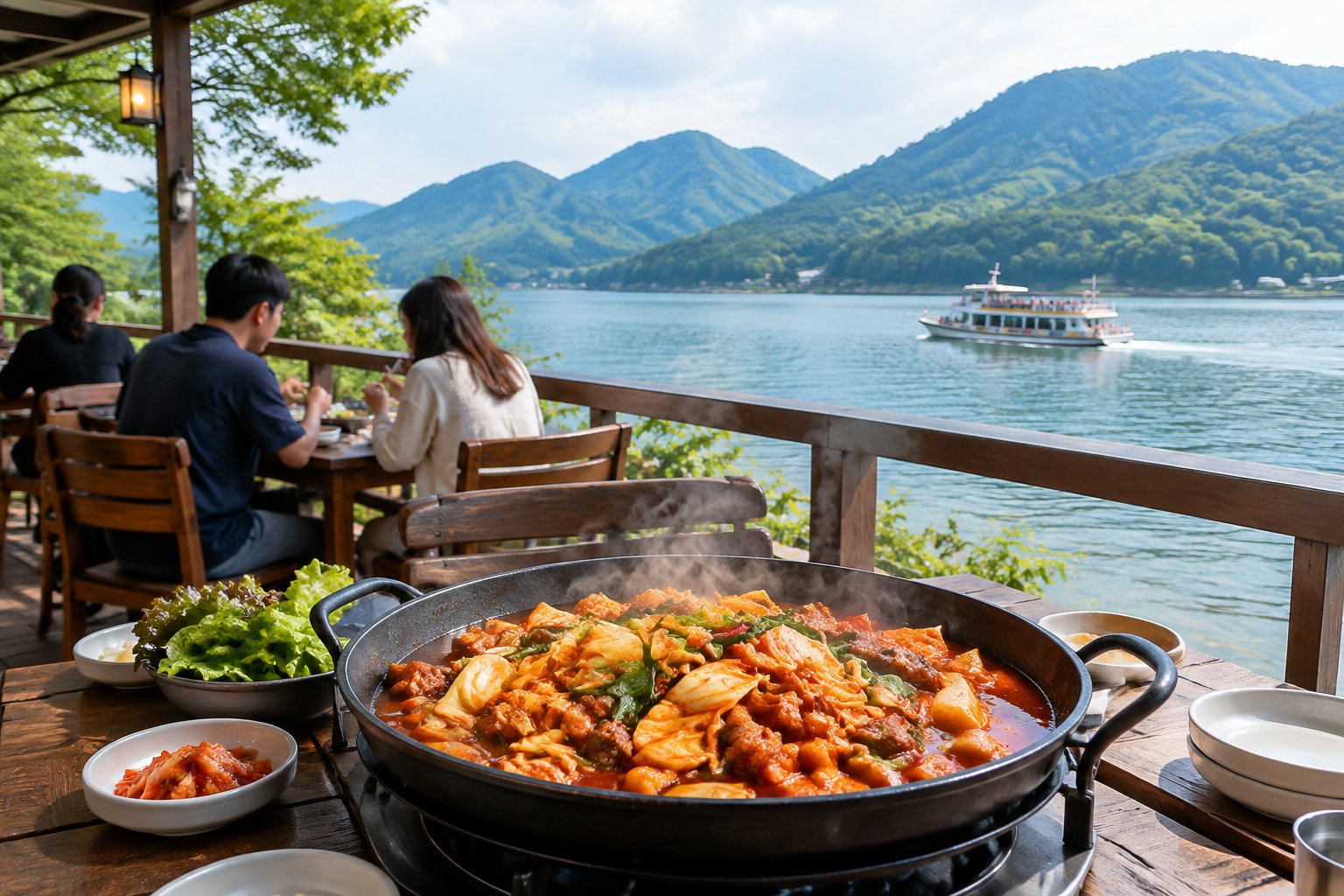Diners share a steaming pan of dakgalbi beside a lake surrounded by green mountains.