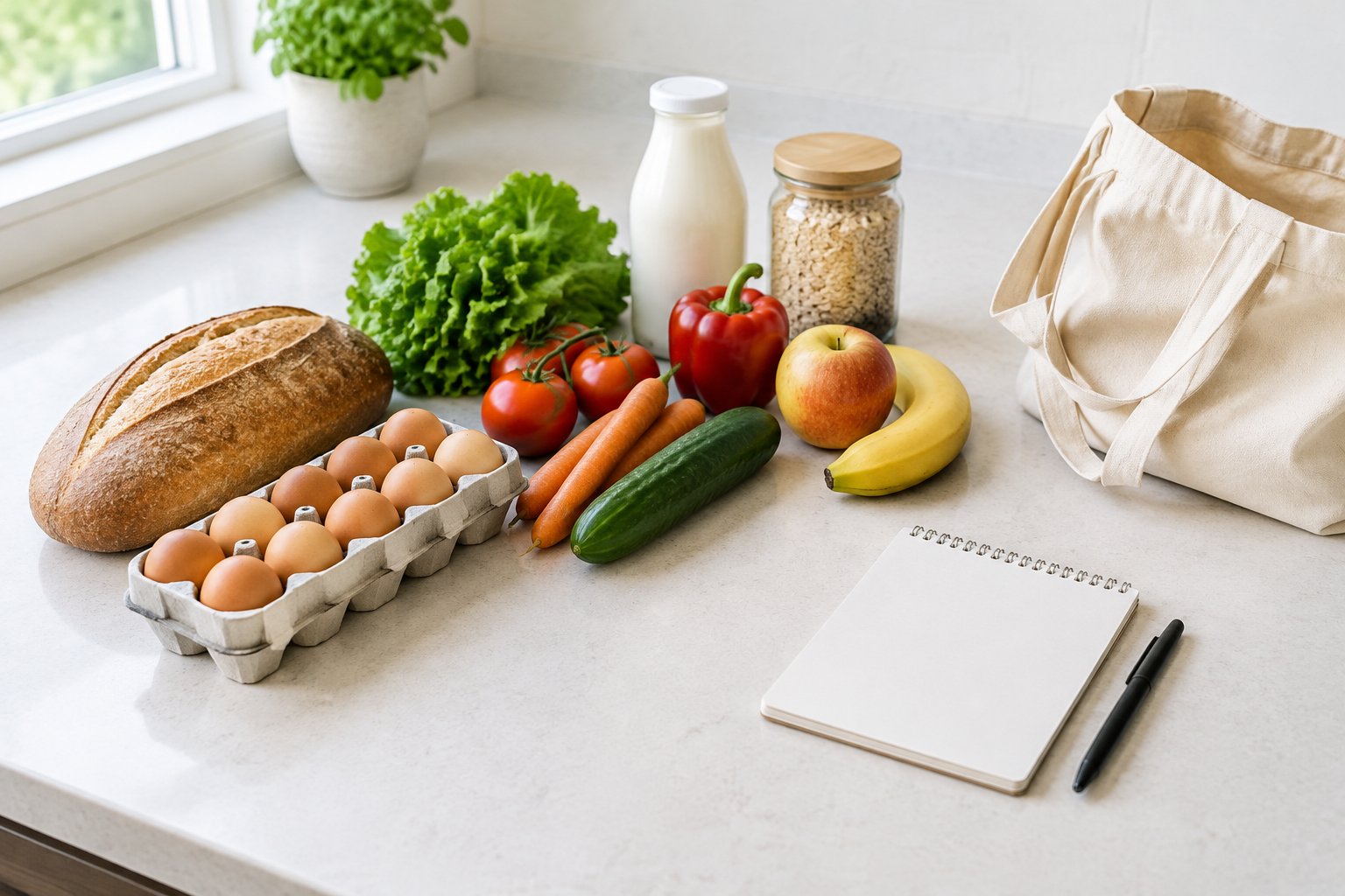 A small selection of groceries, a reusable bag, and a blank notepad on a kitchen countertop.