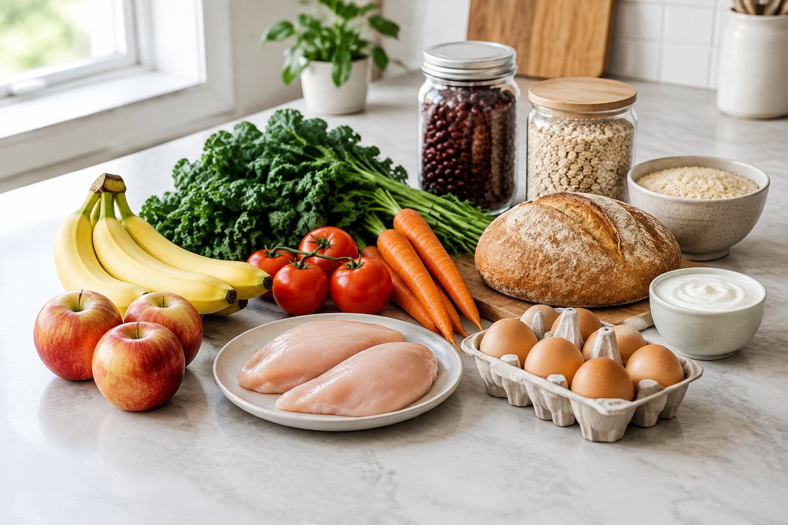 A modest assortment of groceries arranged on a kitchen counter.