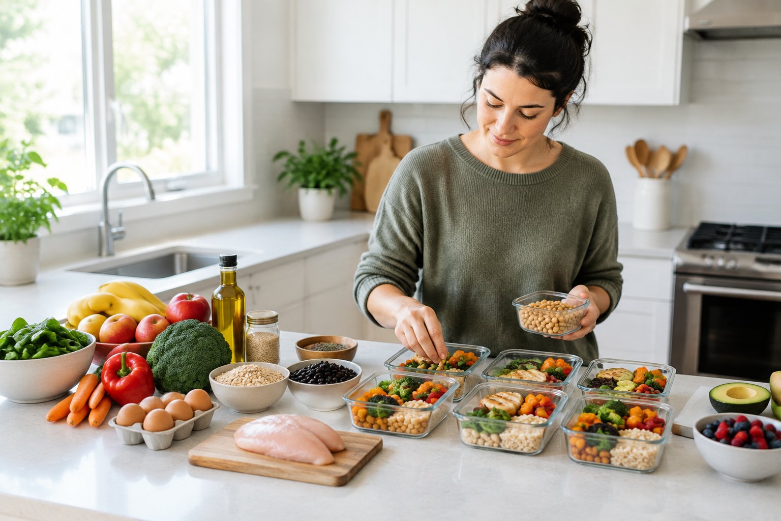 A person arranges a small selection of groceries and meal containers on a kitchen counter.