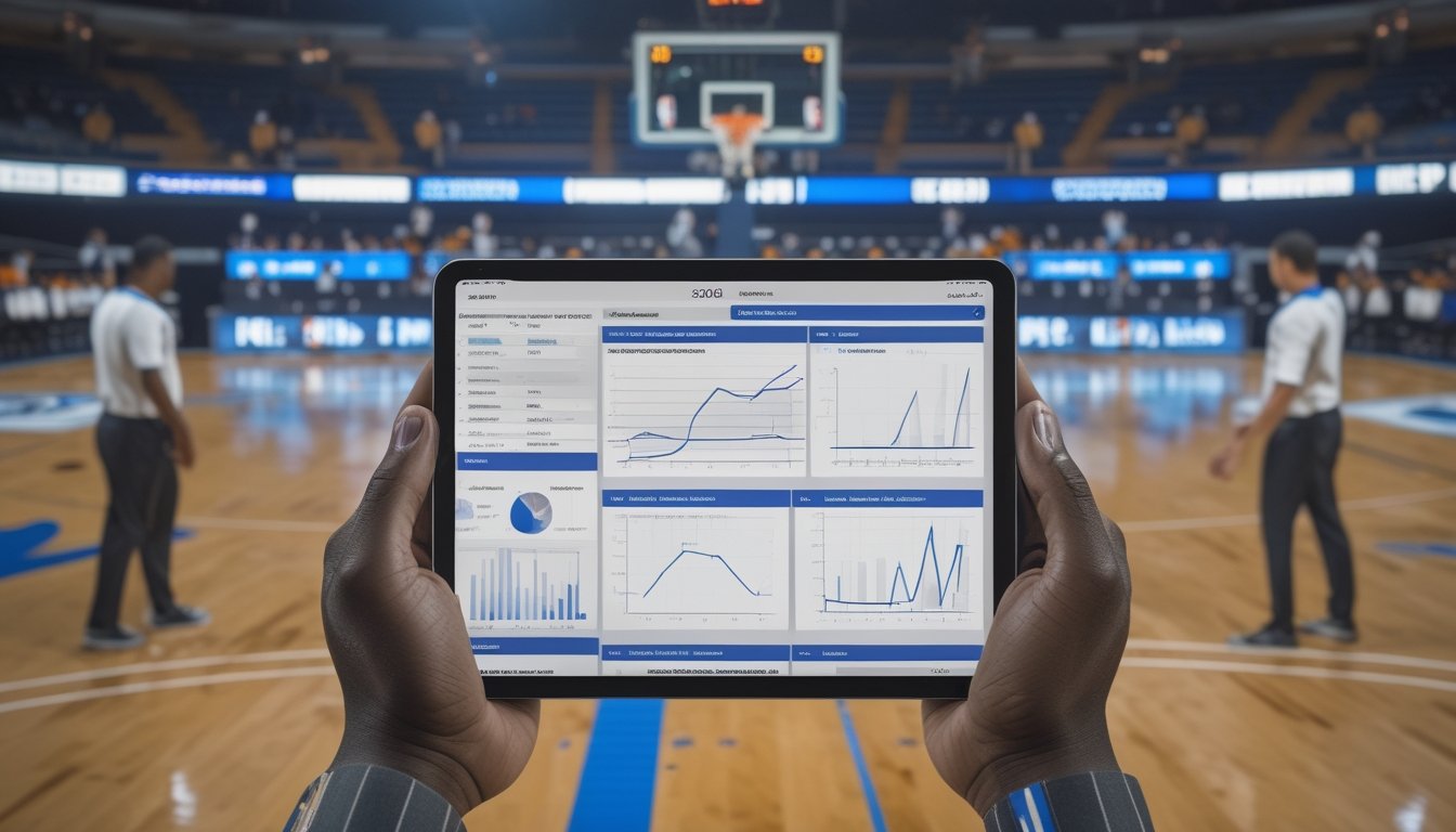 Pemain basket bertanding di lapangan sementara seorang analis memeriksa tablet di tepi lapangan.