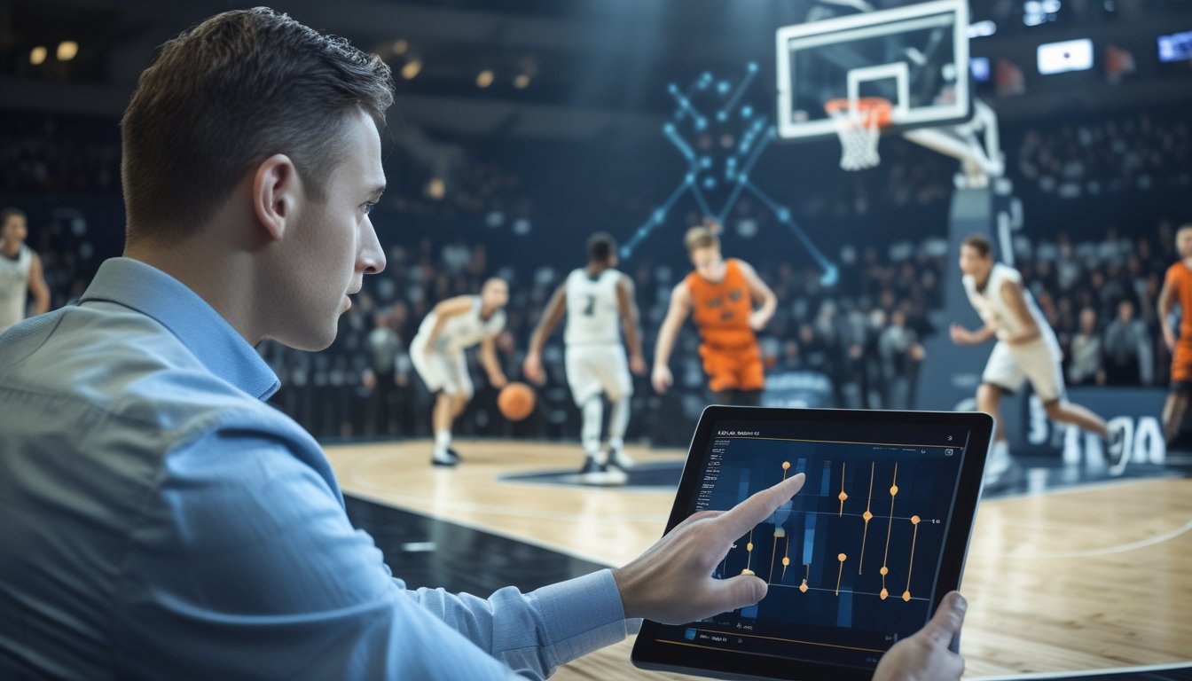 Seorang analis melihat tablet saat dua tim basket bertanding di lapangan.