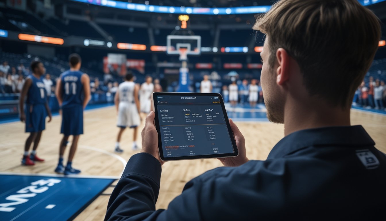 Seorang penonton melihat informasi pertandingan basket di tablet saat pertandingan berlangsung.