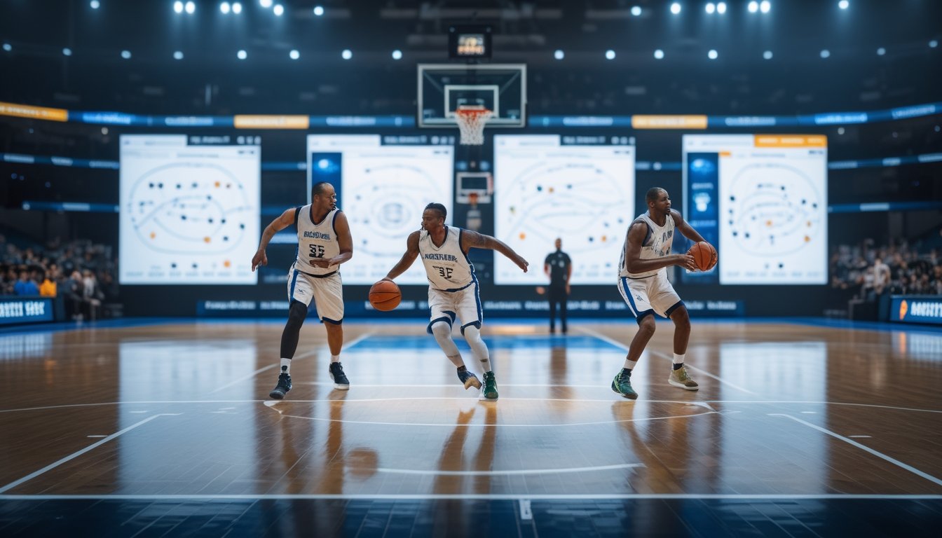 Dua pemain basket berebut bola di lapangan, dengan tampilan grafik analisis di bagian depan.