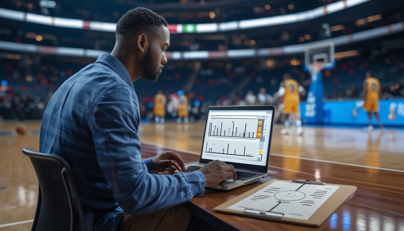 Seorang analis mengamati statistik pertandingan basket di tepi lapangan saat para pemain berlatih.