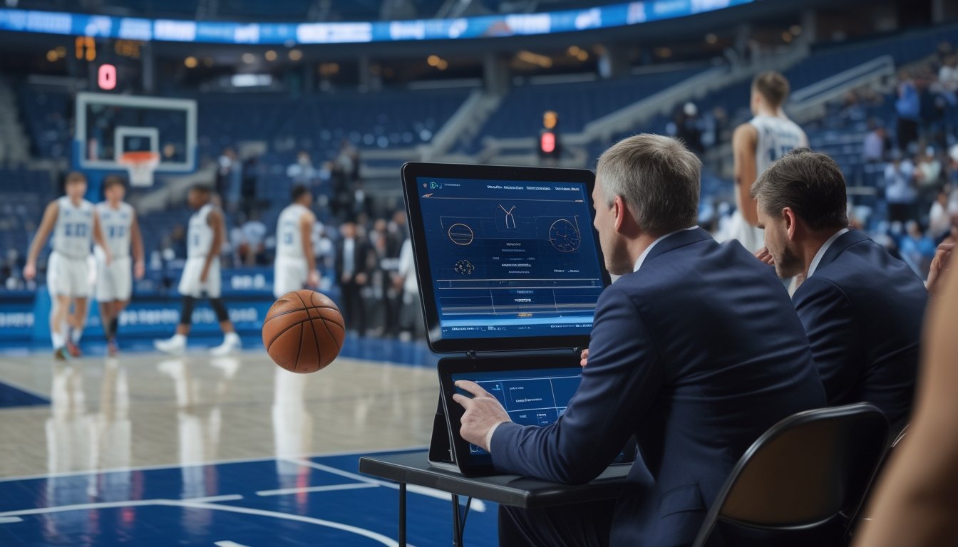 Pelatih dan analis meninjau pertandingan basket di tepi lapangan setelah laga usai.