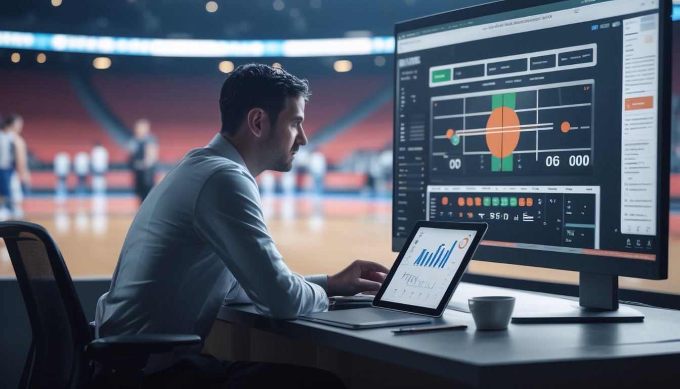 Seorang analis mempelajari pertandingan basket dan grafik statistik di layar.