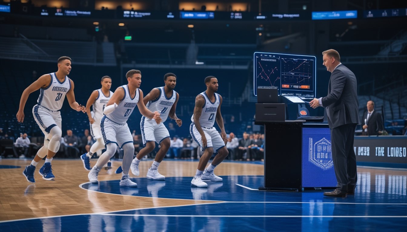 Seorang analis mengamati pertandingan basket sambil melihat grafik statistik di tablet.