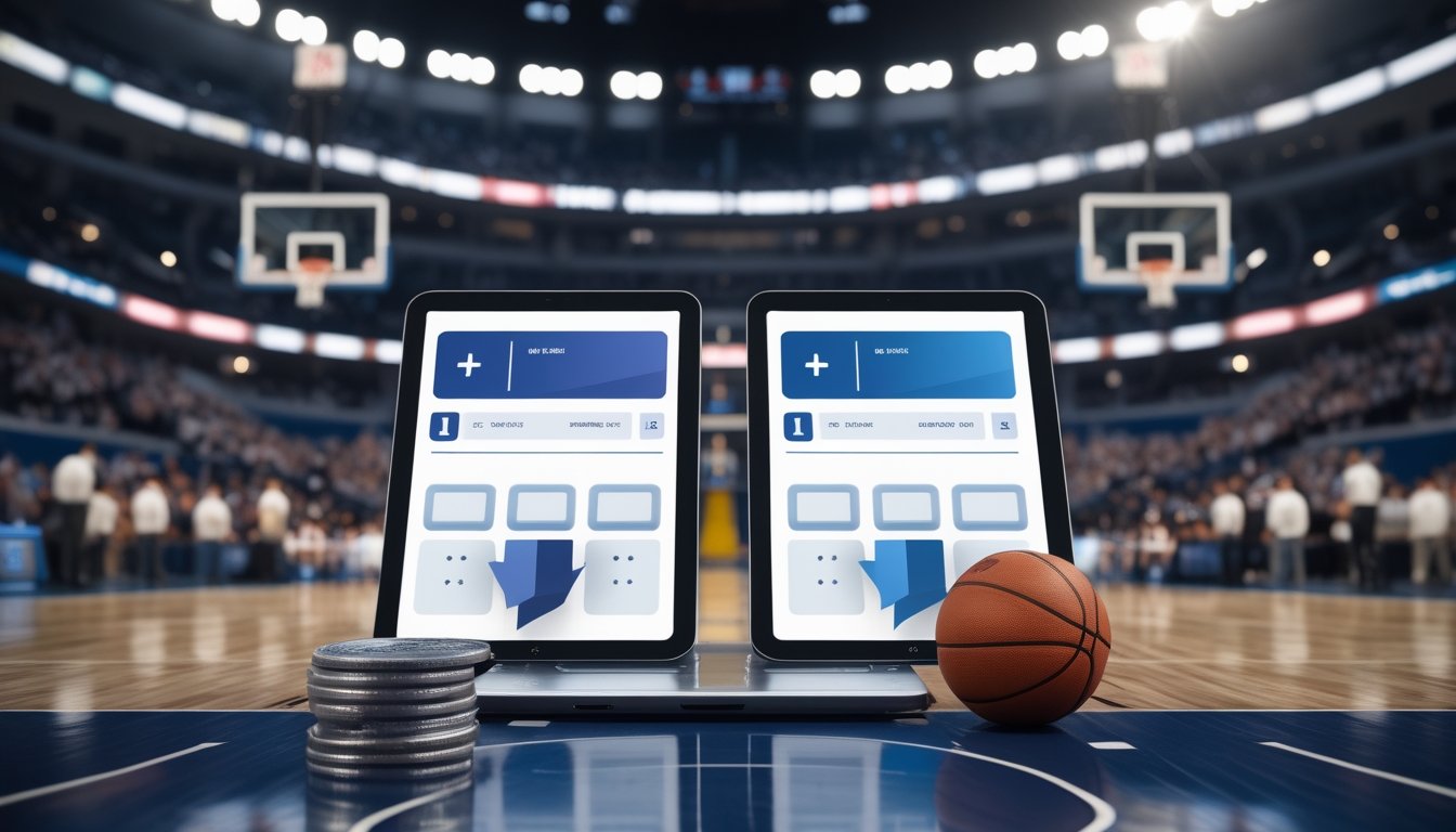 Dua tim bertanding di lapangan basket, sementara tablet, bola, dan keping taruhan berada di meja depan.