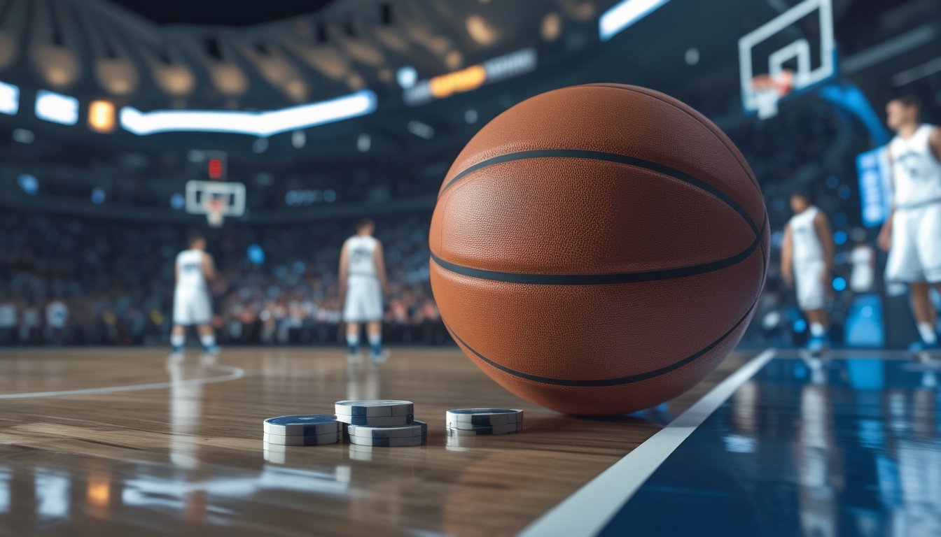 Bola basket berada di tepi lapangan dengan dua tim yang sedang bertanding di latar belakang.