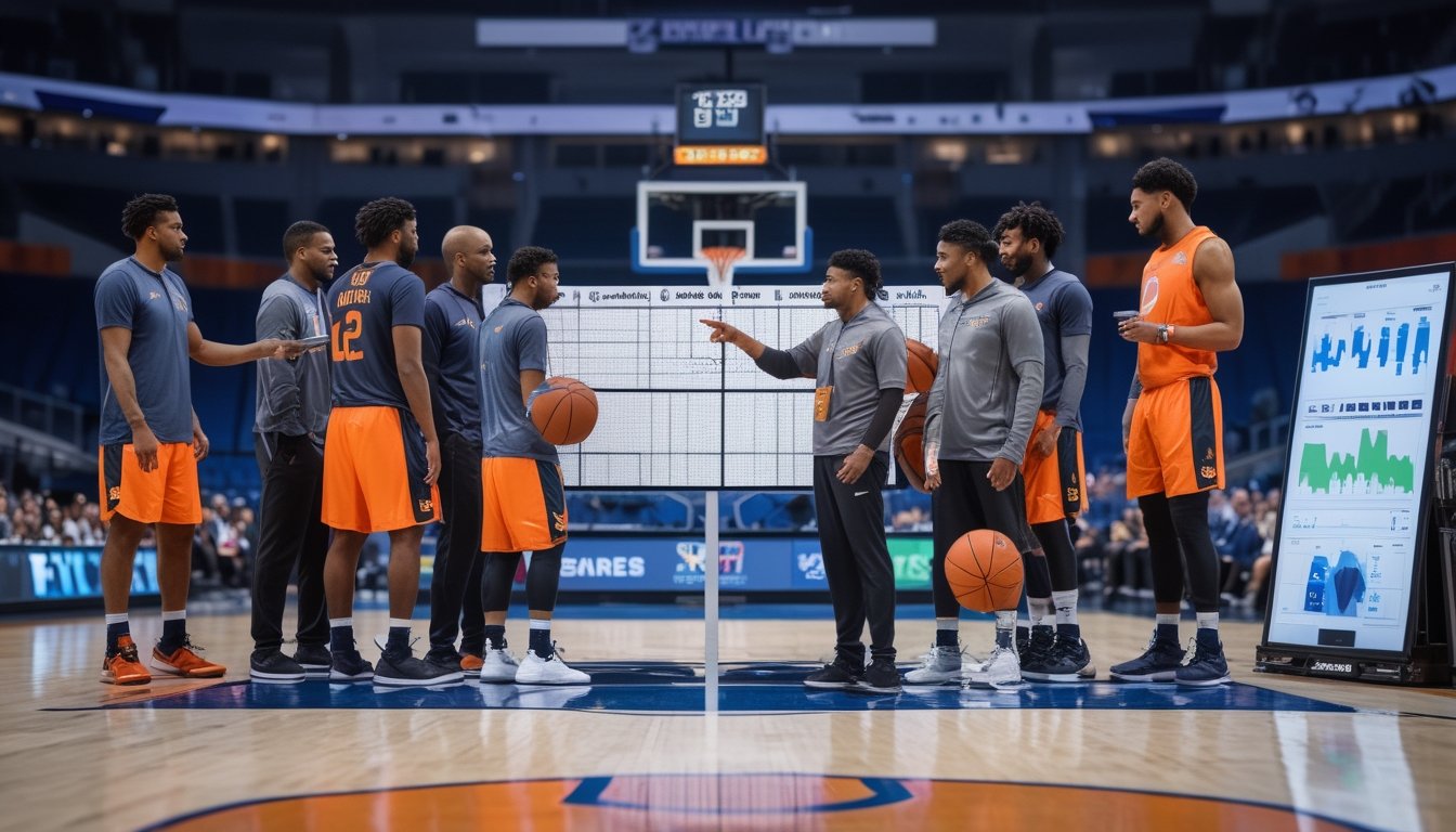 Pelatih dan pemain basket membahas strategi di sekitar papan taktik.