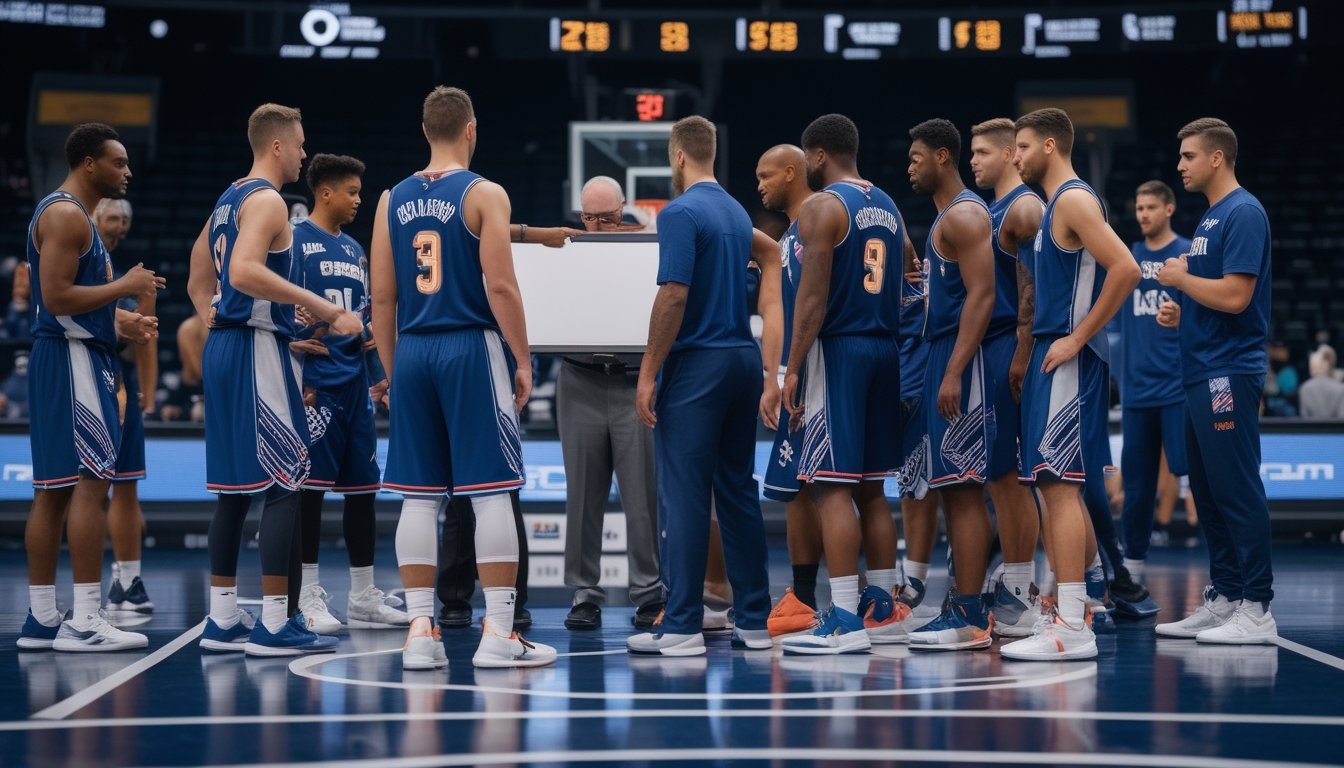 Tim basket berkumpul bersama pelatih untuk membahas strategi di tepi lapangan.