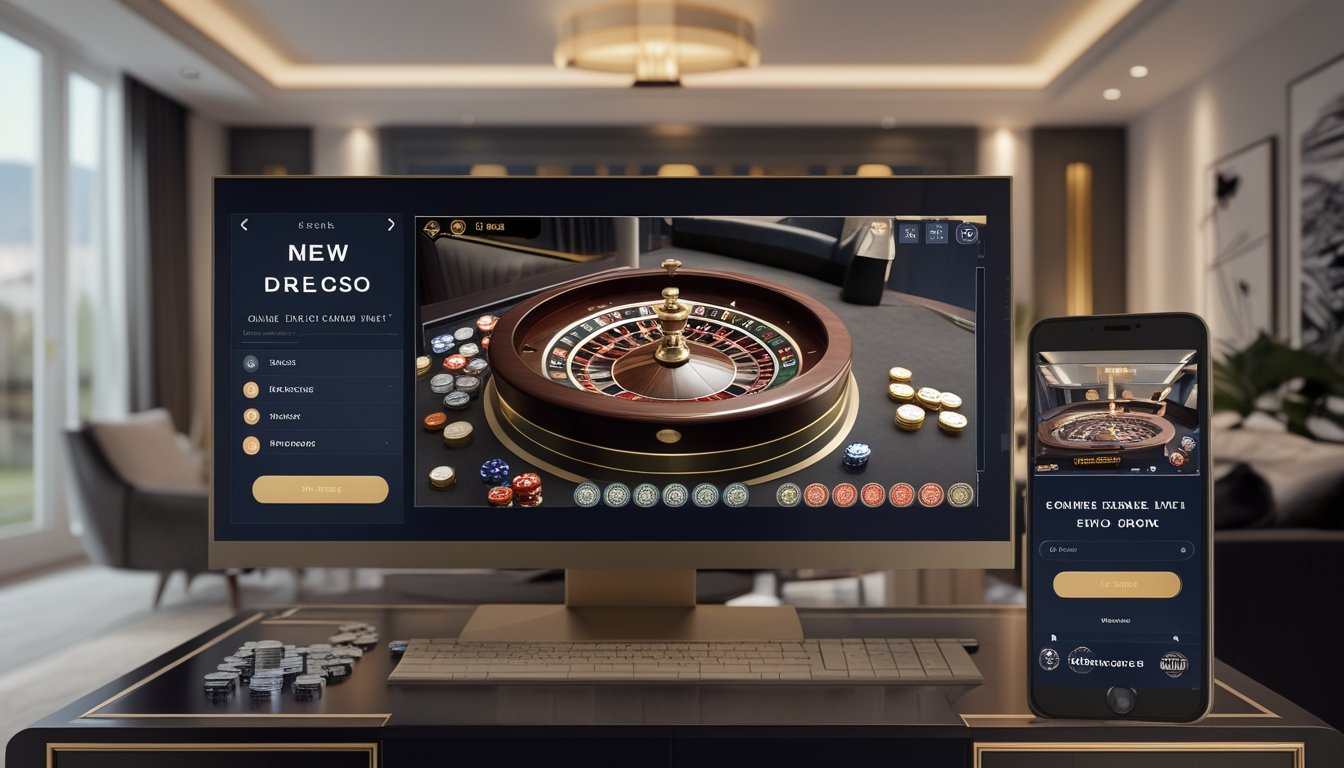 Layar menampilkan permainan roulette langsung dengan dealer dan keping taruhan.