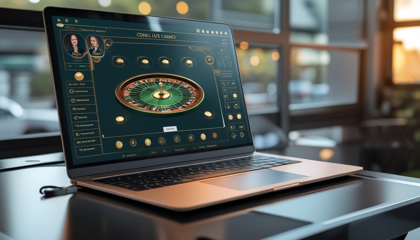 Laptop menampilkan antarmuka permainan kasino langsung dengan dealer, meja permainan, dan panel kontrol.