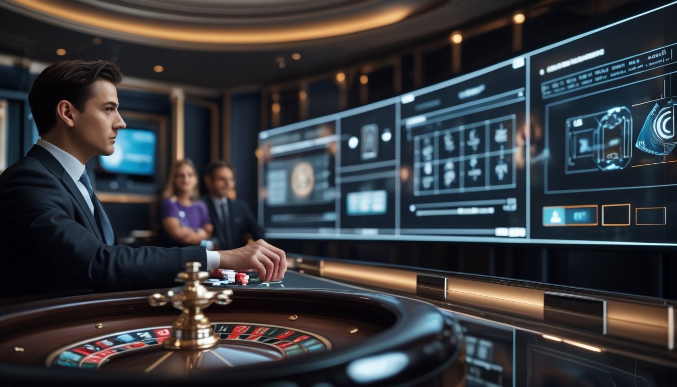 Seorang dealer memandu permainan roulette di studio kasino modern dengan pemain yang terhubung melalui layar.