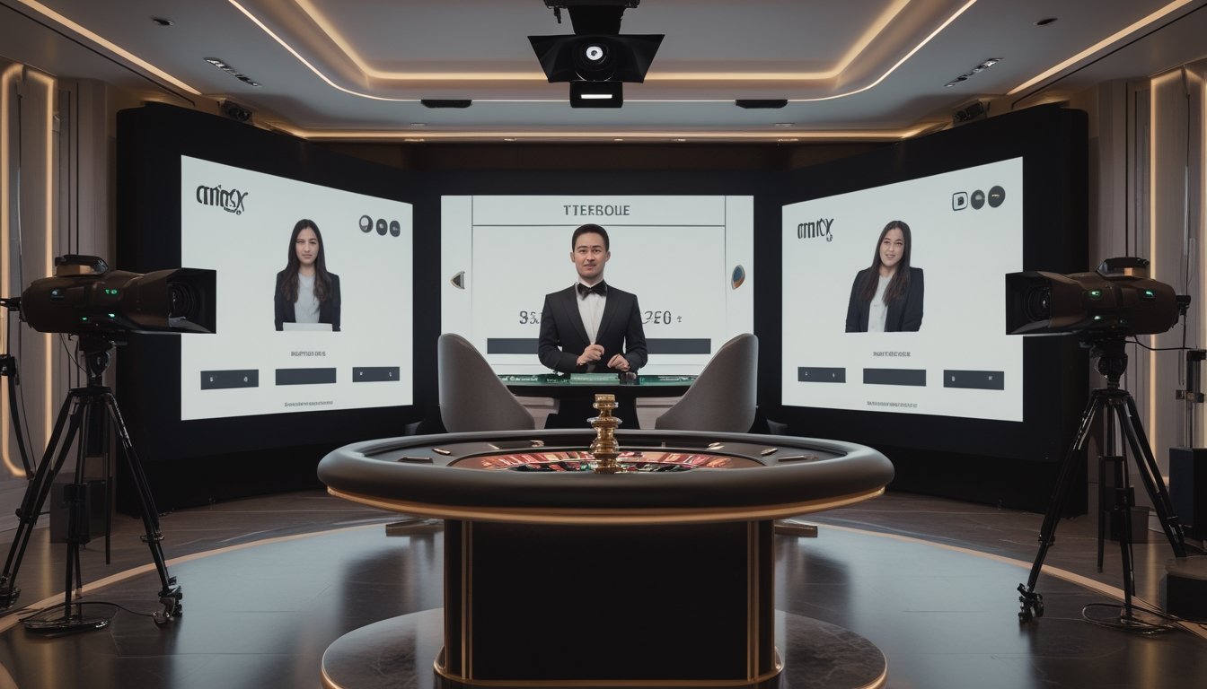 Seorang dealer memandu permainan rolet di studio kasino langsung dengan pemain yang tampil melalui layar.
