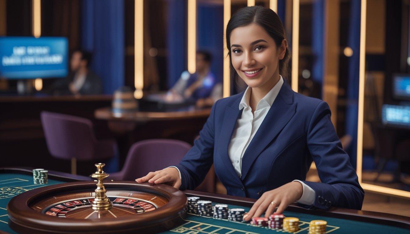 Seorang dealer kasino duduk di belakang meja roulette dengan beberapa keping taruhan.