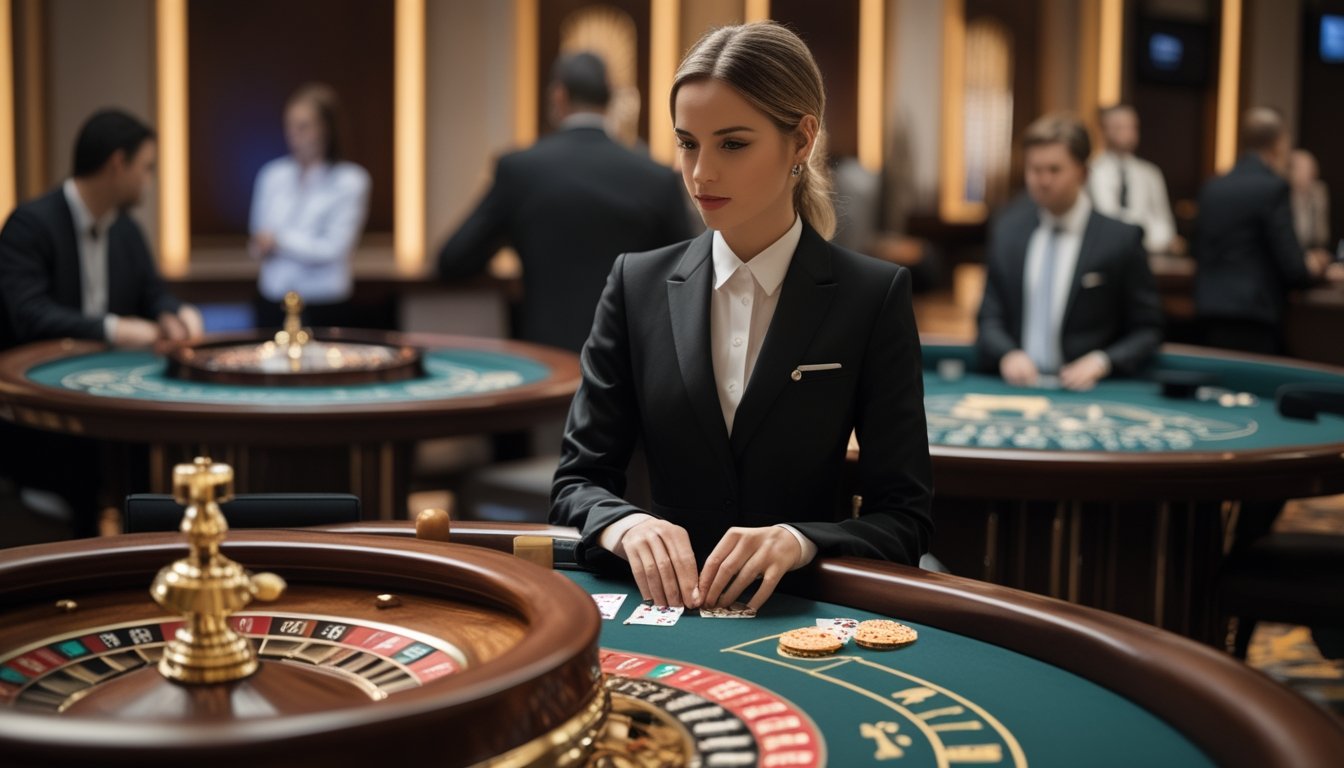 Seorang dealer memandu permainan roulette di kasino, dengan meja kartu dan beberapa pengunjung di latar belakang.