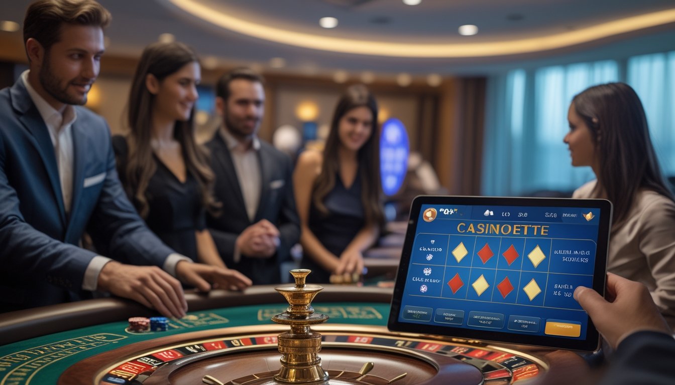 Seorang dealer dan pemain berada di meja kasino, sementara pengunjung lain melihat permainan kasino di tablet.