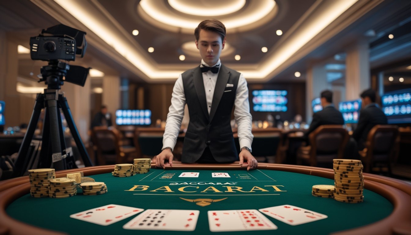 Seorang bandar dan pemain sedang bermain baccarat di meja kasino.