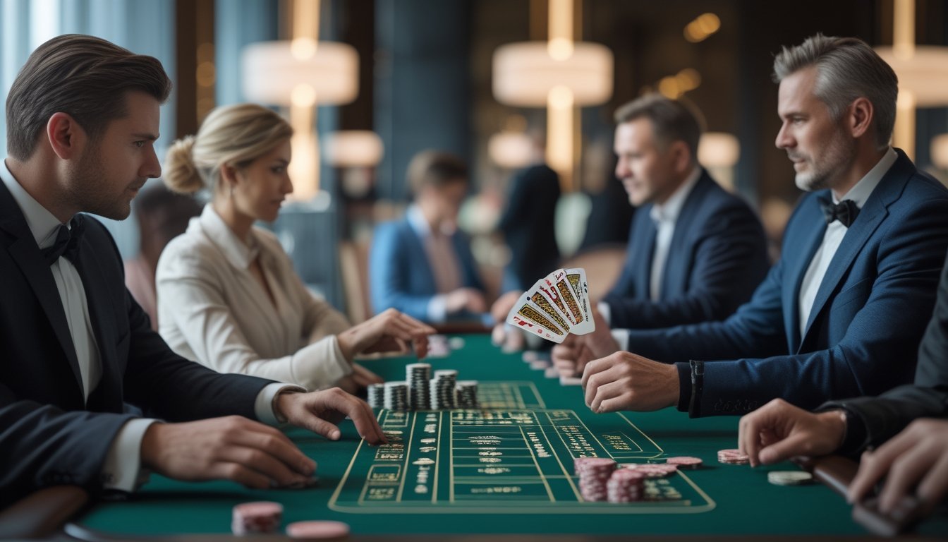 Dealer dan beberapa pemain sedang bermain blackjack di meja kasino.
