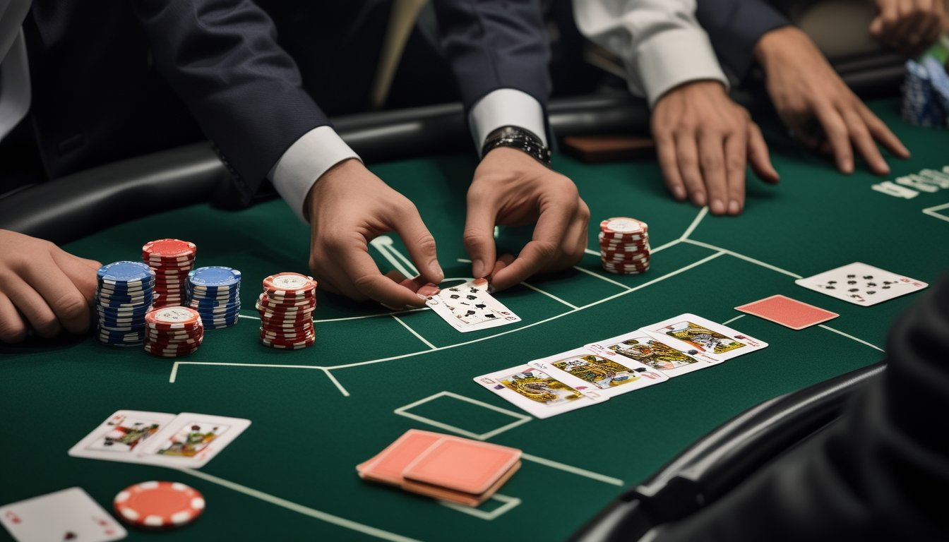 Dealer membagikan kartu blackjack di meja dengan kartu dan keping di hadapan para pemain.