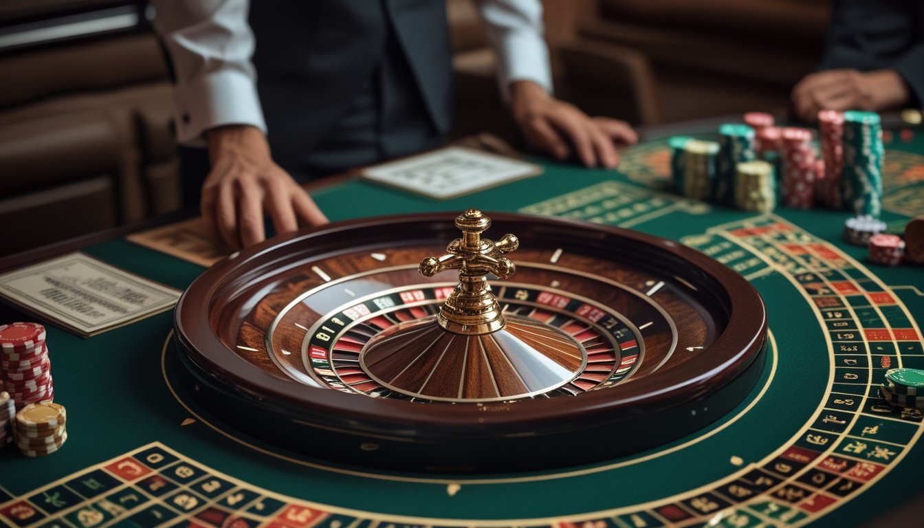 Roda roulette di meja kasino dengan chip dan pemain di sekitarnya.