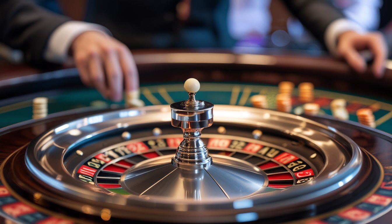 Bola roulette berhenti di salah satu kantong pada roda yang sedang dimainkan dealer.