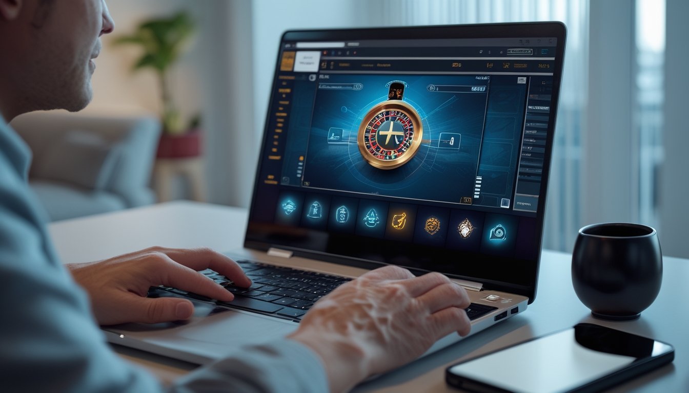 Seseorang memeriksa keamanan platform kasino langsung melalui laptop dengan simbol gembok di layar.