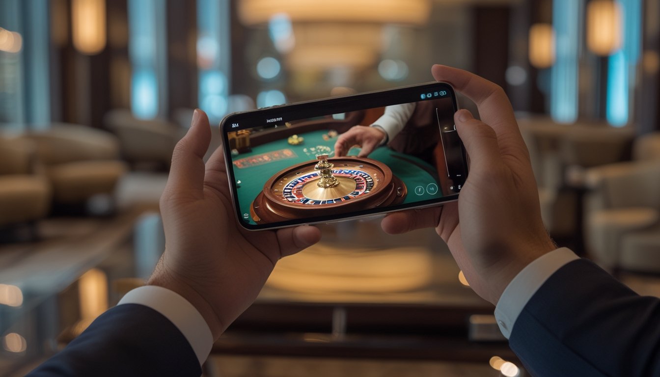 Seseorang memegang ponsel yang menampilkan permainan roda roulette dengan dealer.