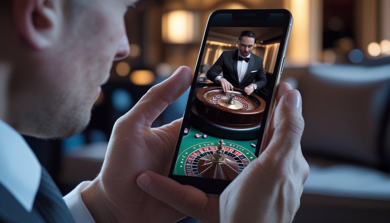 Seseorang menggunakan ponsel untuk melihat dealer langsung di meja roulette.