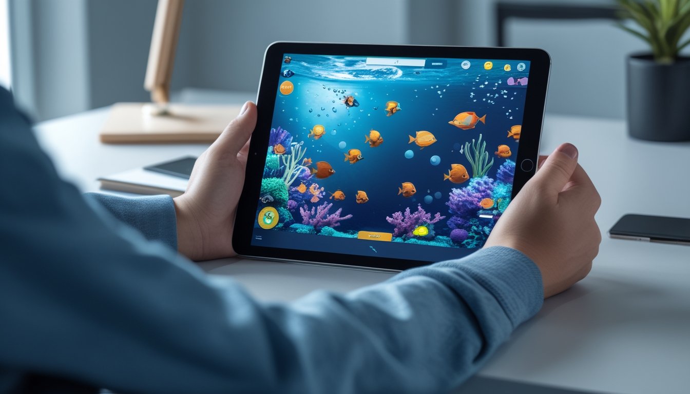 Seseorang memainkan permainan arcade memancing bawah laut di tablet.