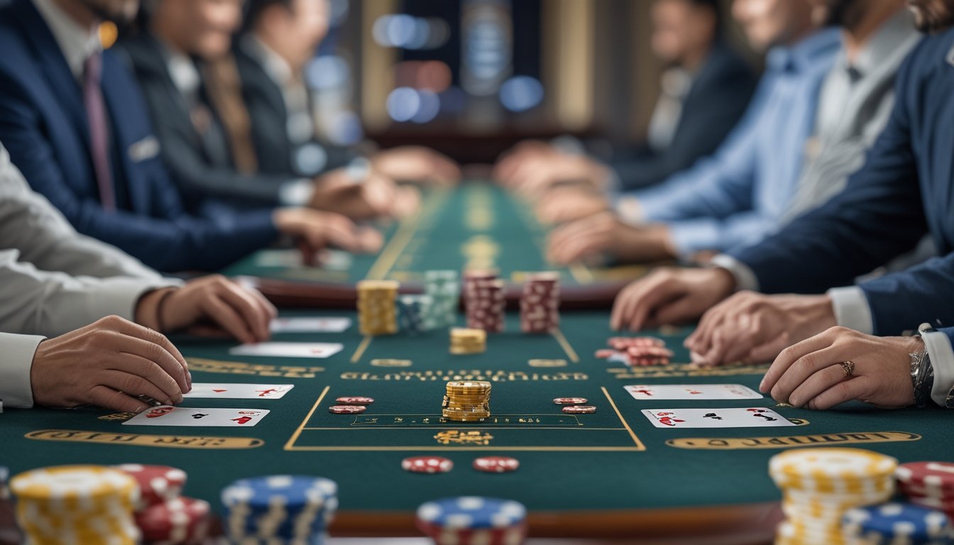 Dealer dan pemain sedang bermain blackjack di meja kasino.