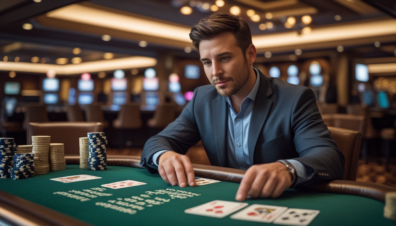 Seorang pemain mempelajari kartu di meja blackjack.